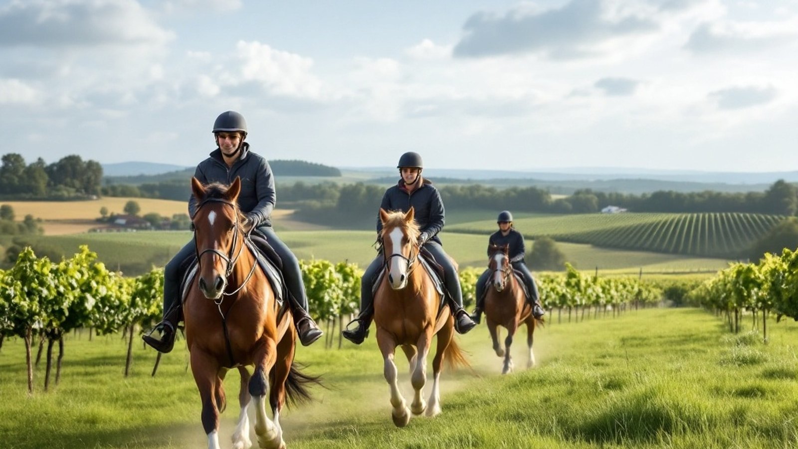 Horses cantering across a green Aquitaine landscape with vineyards in the background