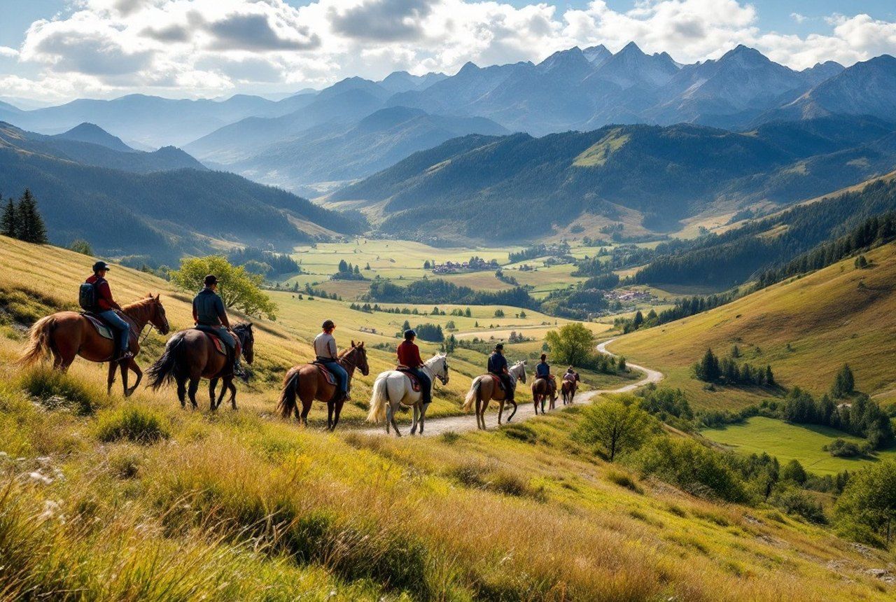 Panoramic of horses and riders on a Pyrenean foothill trail with mountains behind