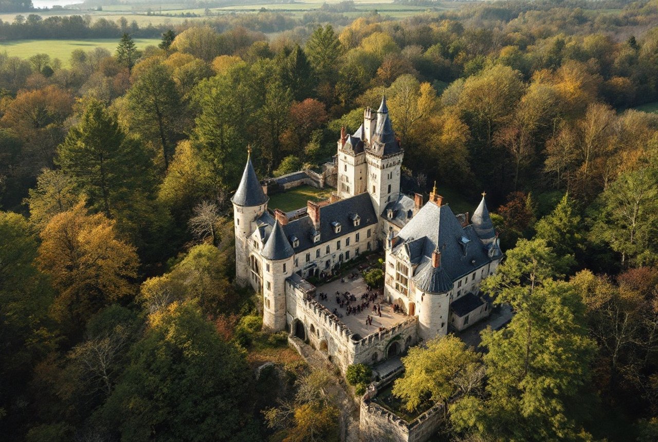 Aerial or elevated view of Bonaguil Castle amid woodland