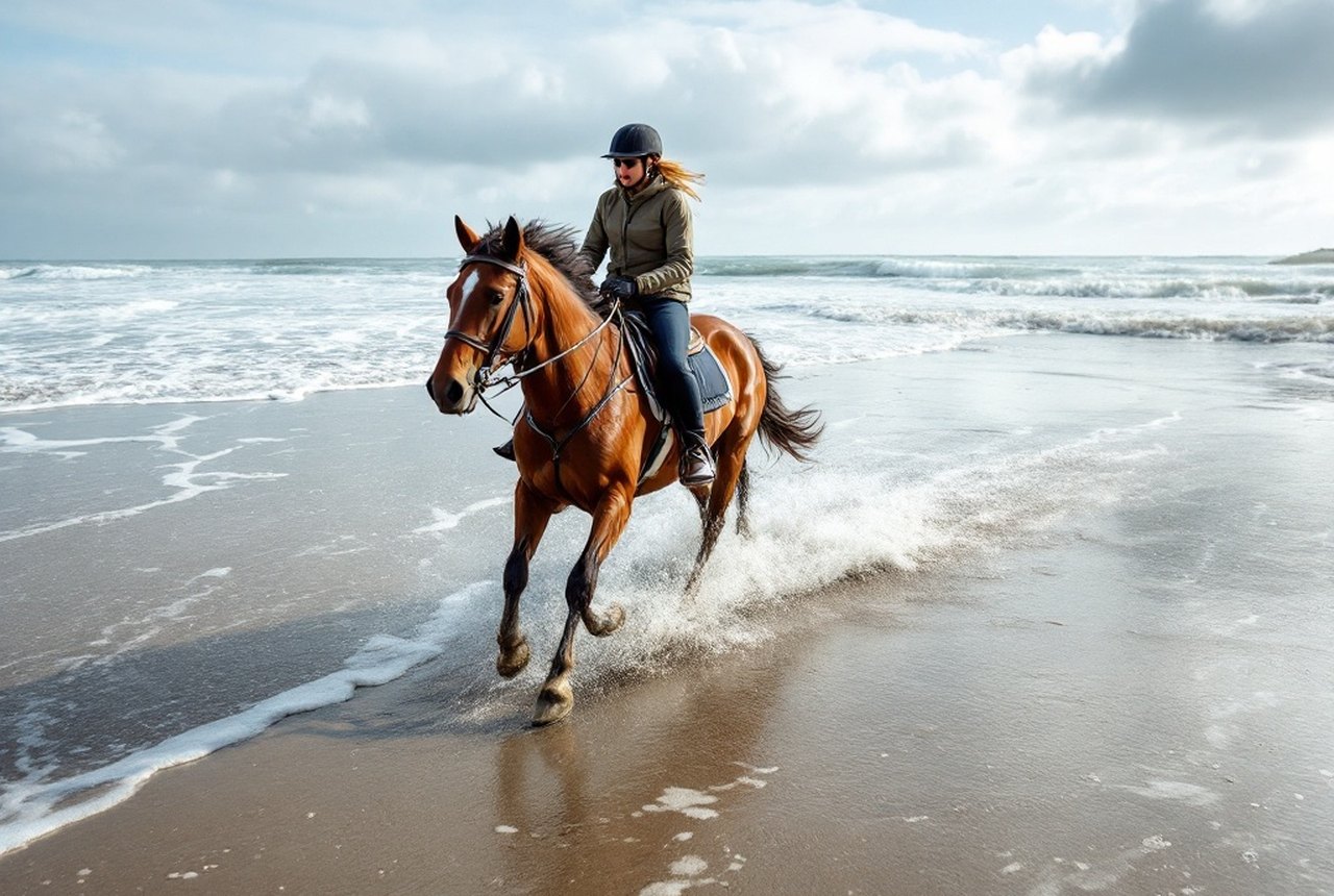 Rider galloping on firm wet sand at low tide with Atlantic surf alongside