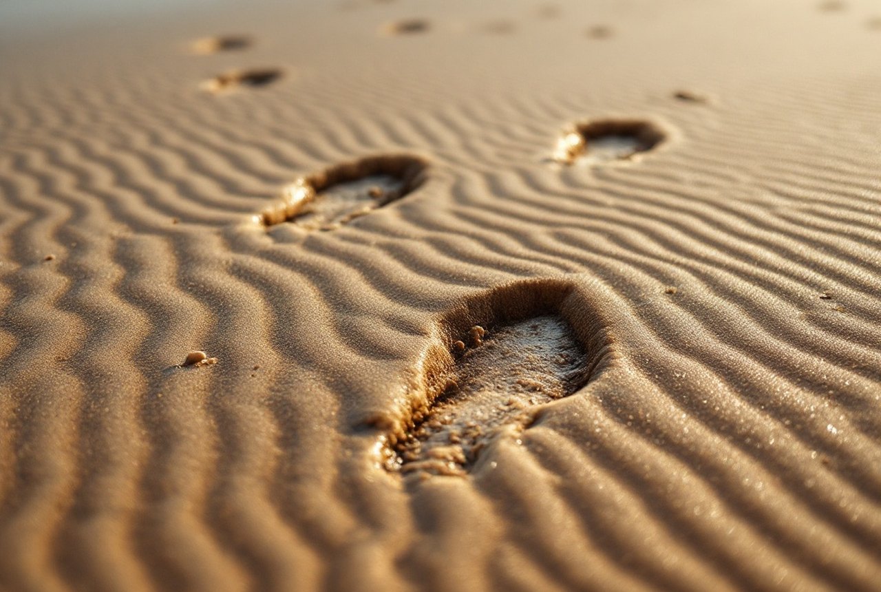 Close-up of hoofprints in damp rippled tidal sand