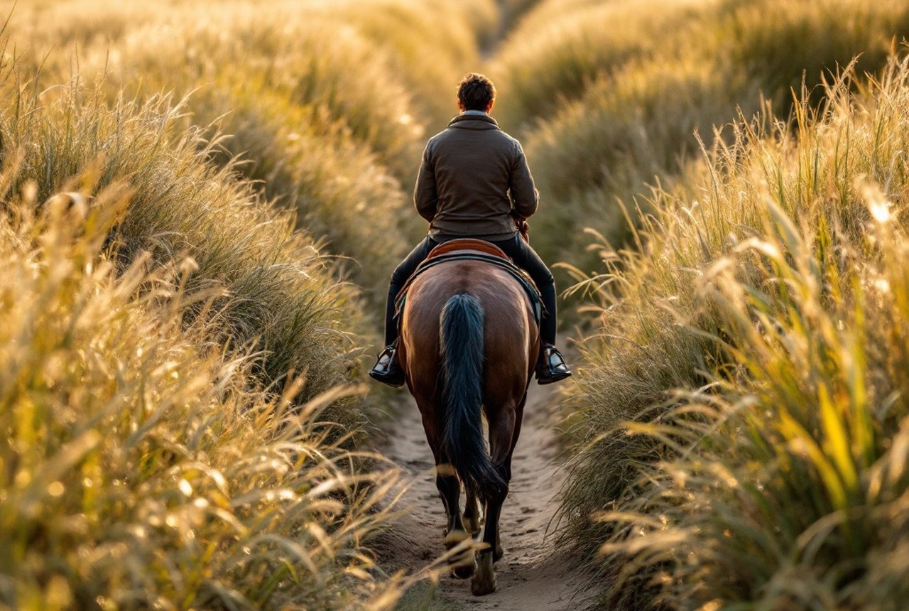 Rider walking horse through a narrow dune-grass access corridor