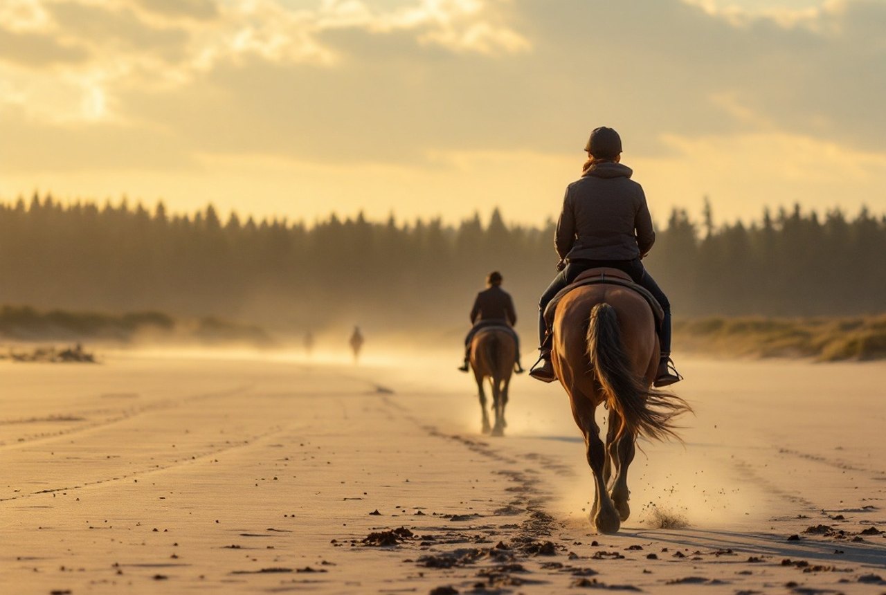 Late-afternoon light on an empty Landes beach with pine forest visible on the horizon