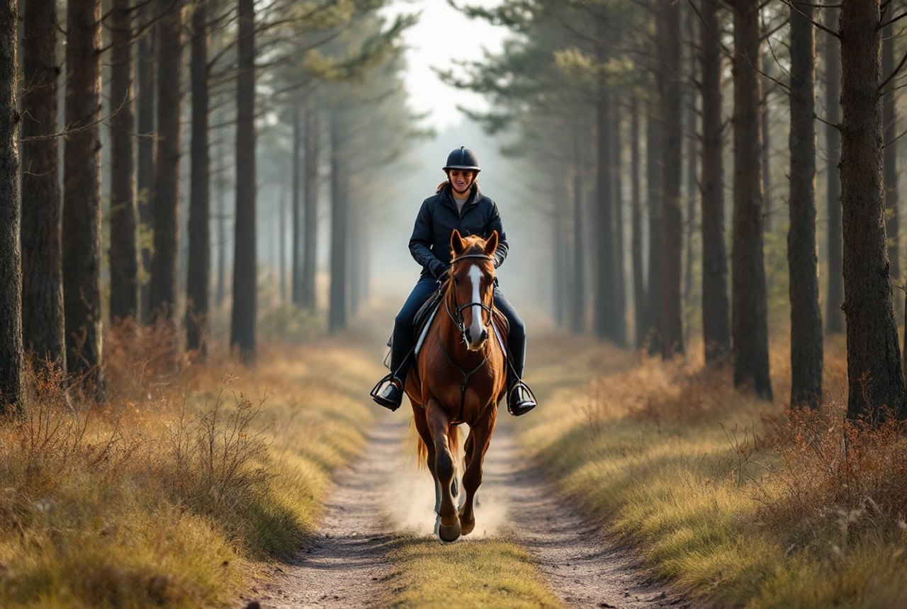 A horse walked out in-hand for conditioning along a quiet country lane
