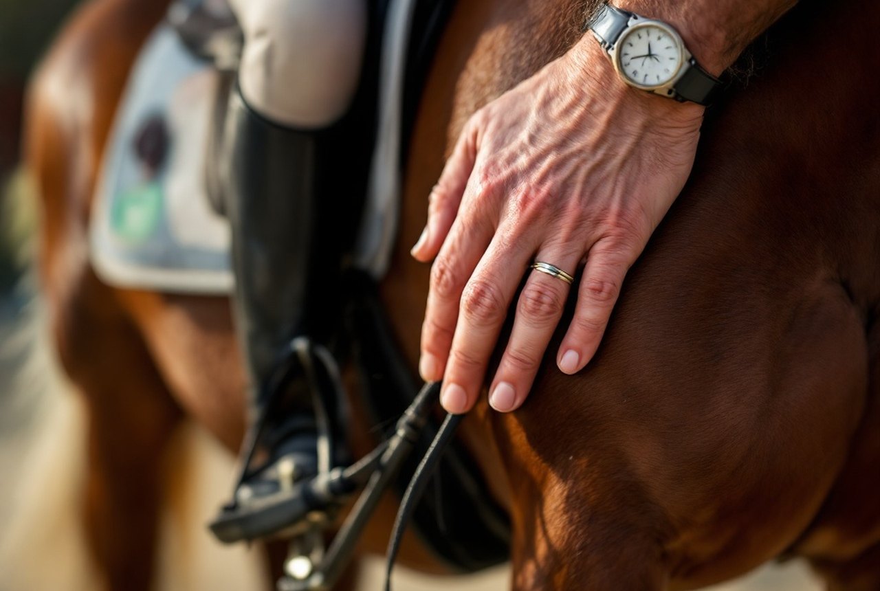 Close-up of rider's hands running down a horse's foreleg checking for heat