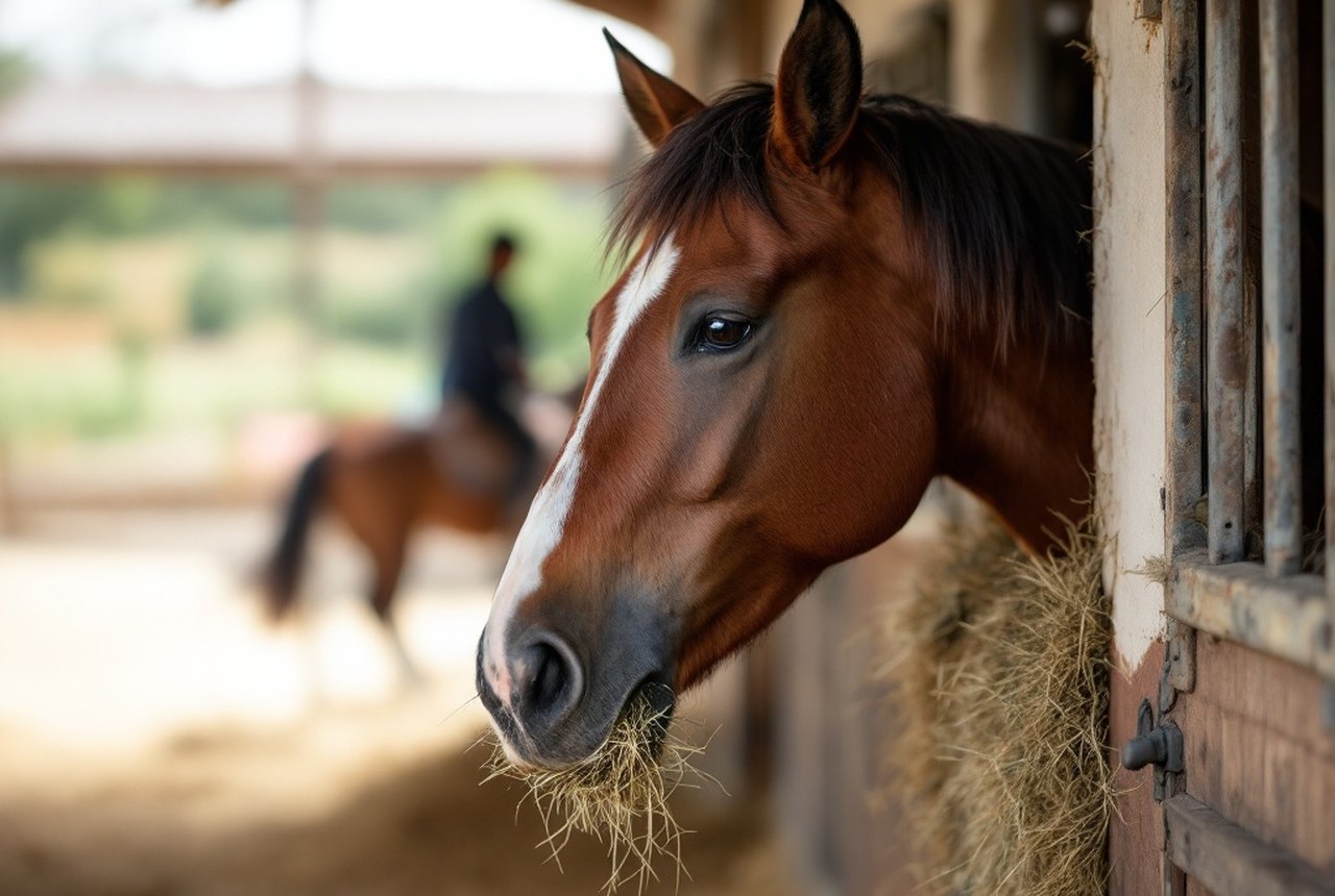 Horse eating from a hay net in a stable