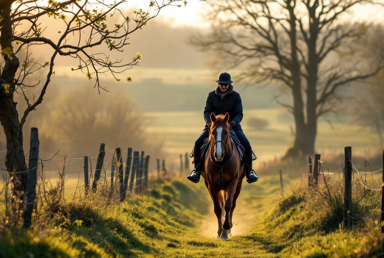 Rider on a quiet hack across open Béarn or Périgord countryside in early spring light