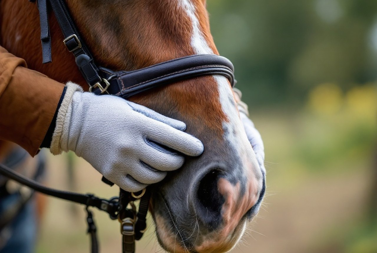 Close-up of gloved hands checking noseband fit with two fingers inserted