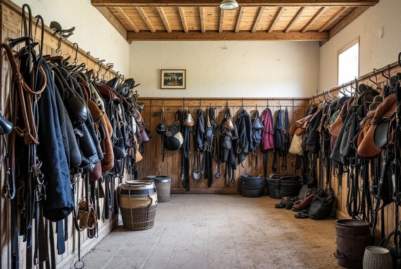 Organised tack room with bridles, saddles and grooming kit