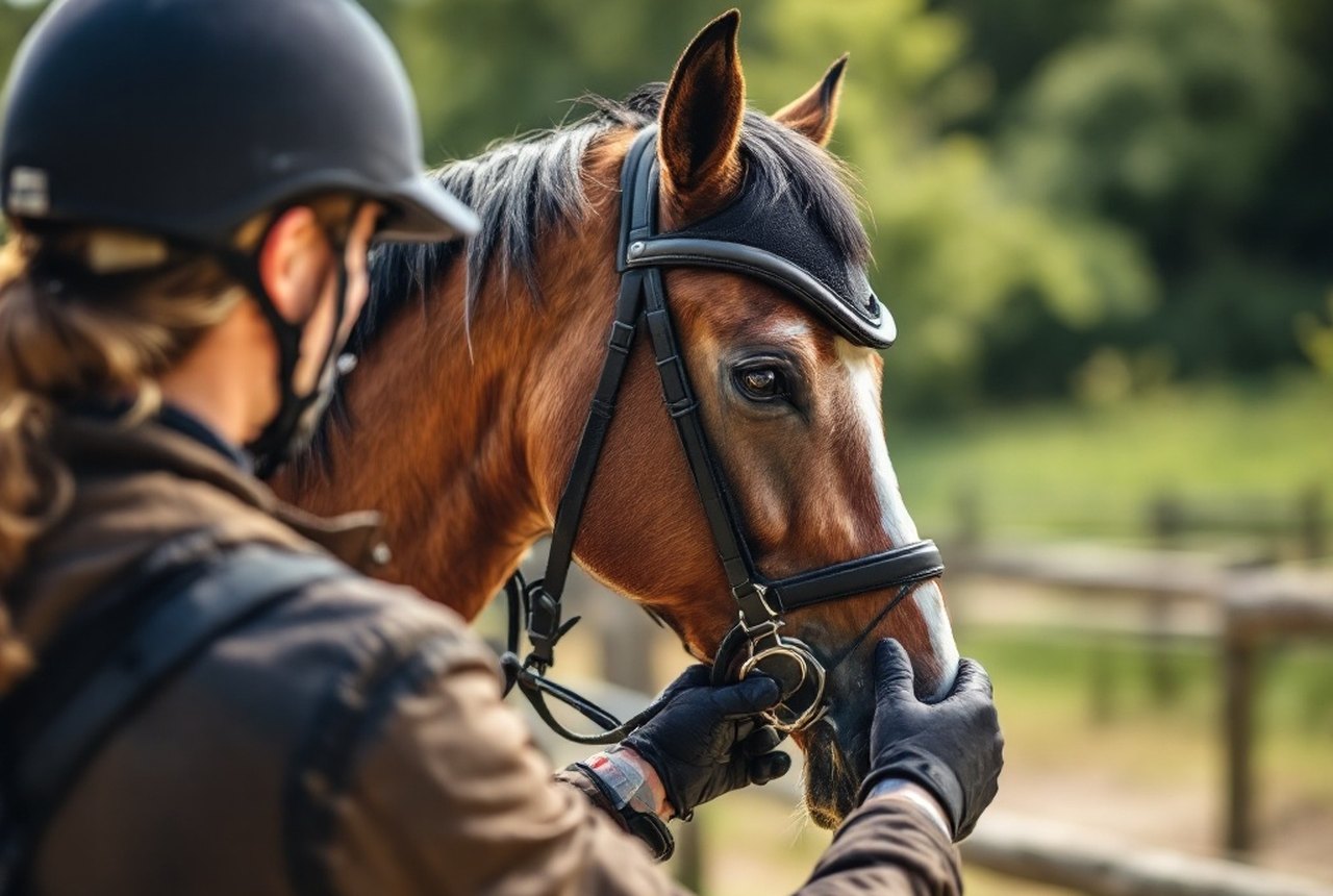 Rider fastening a certified riding helmet before mounting outdoors