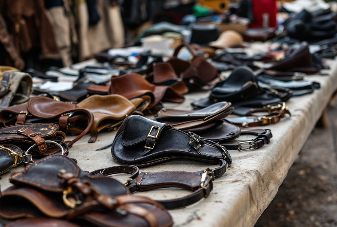 Second-hand tack laid out for inspection at a market or club sale
