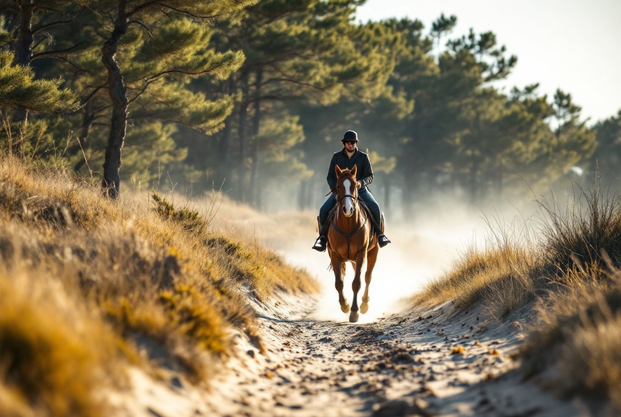 Rider cantering along an Atlantic dune track with pine forest behind
