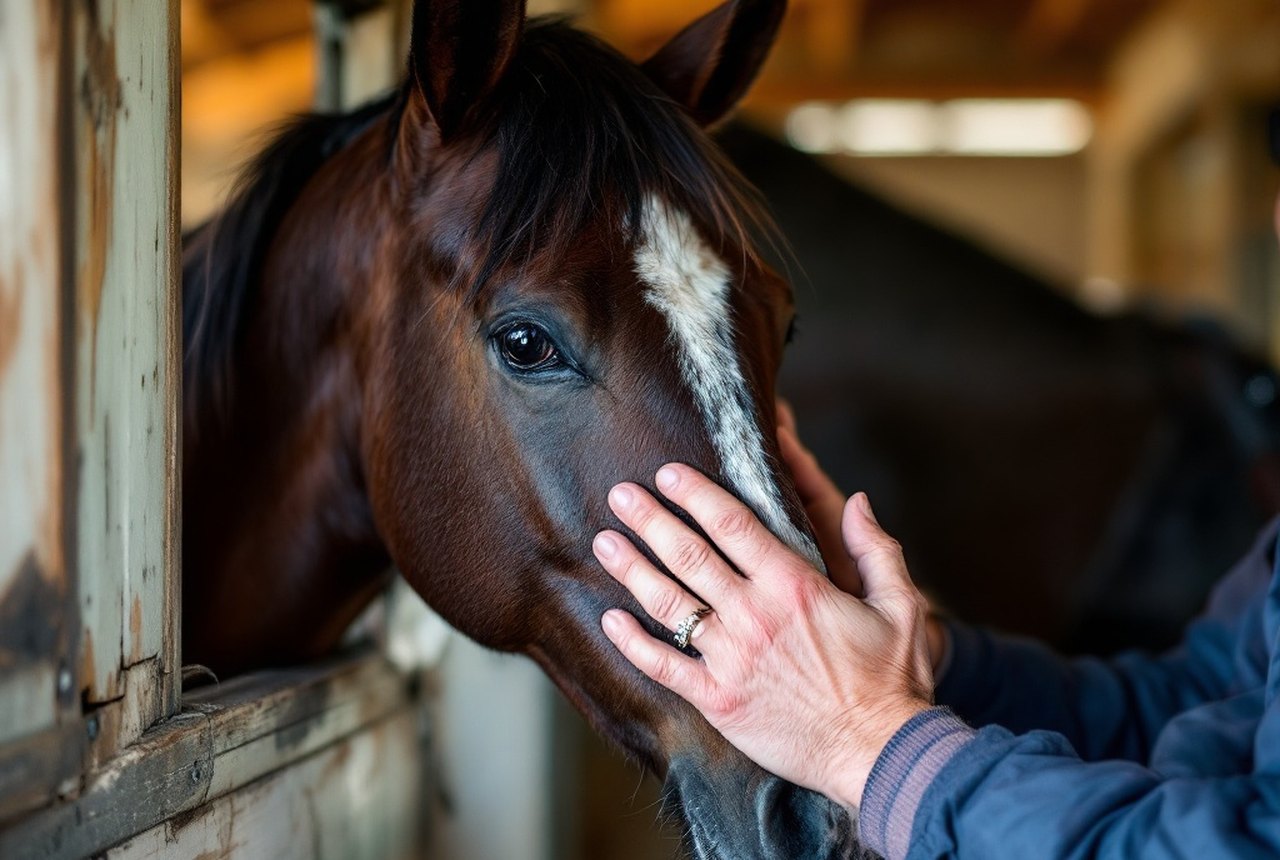 Close-up of hands grooming a horse's coat in a stable