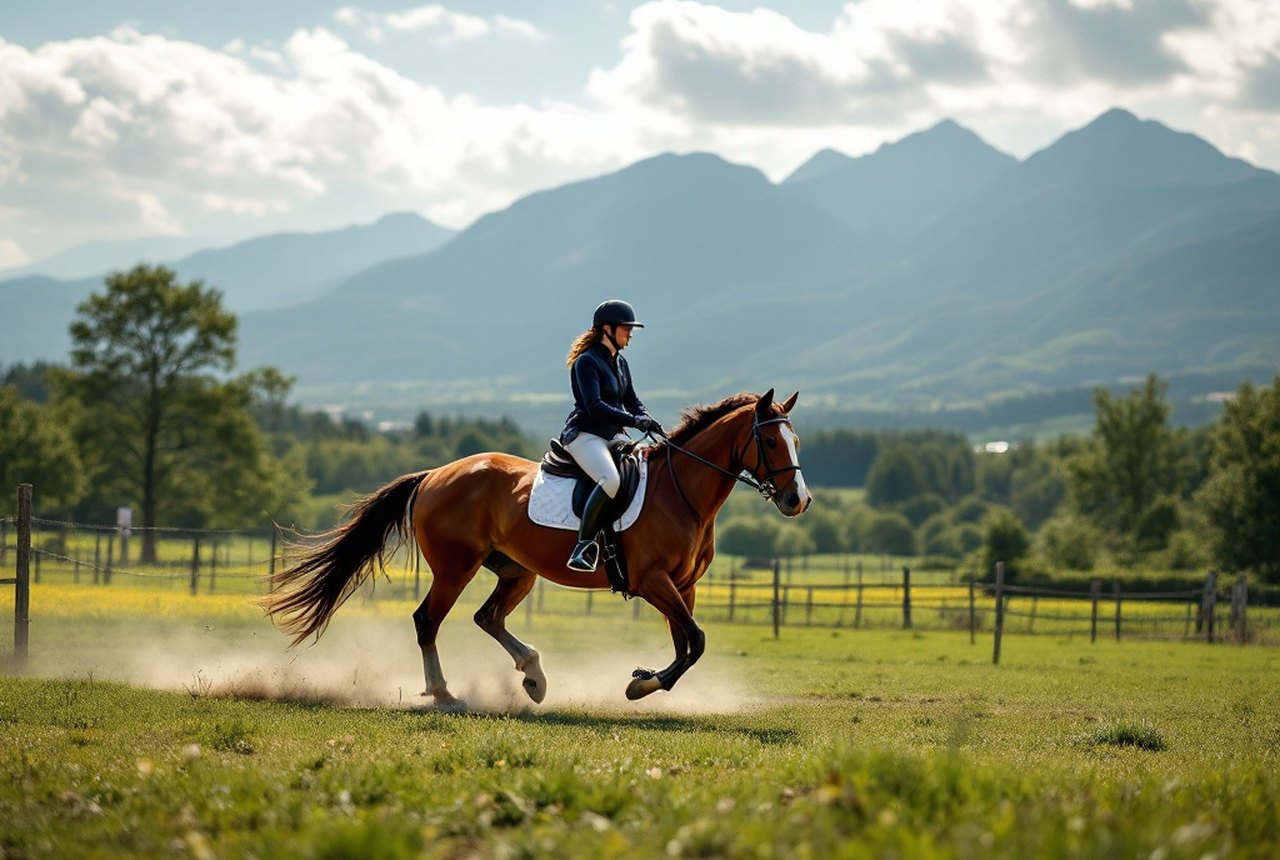 Wide shot of cross-country course with Pyrenean backdrop