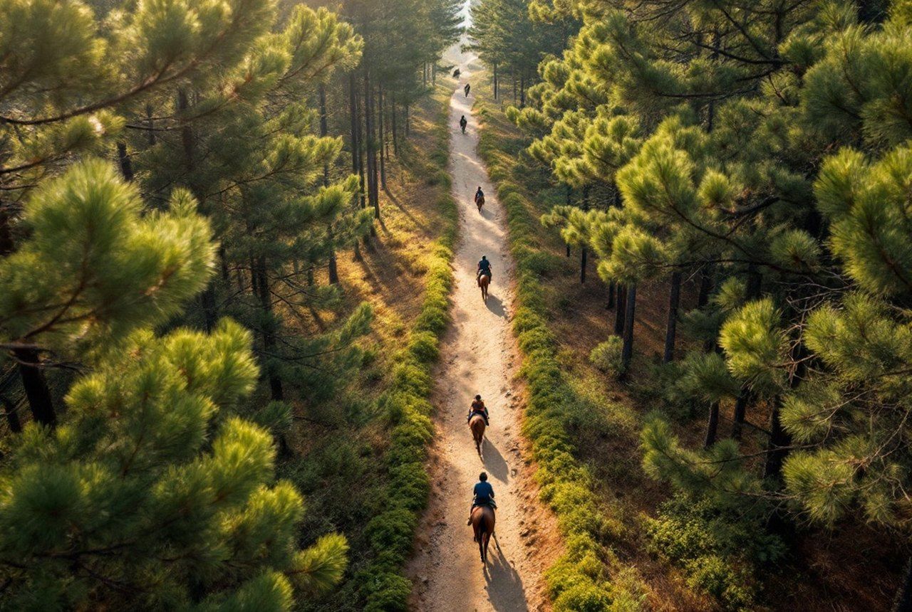 Aerial or wide trail view through Landes pine forest