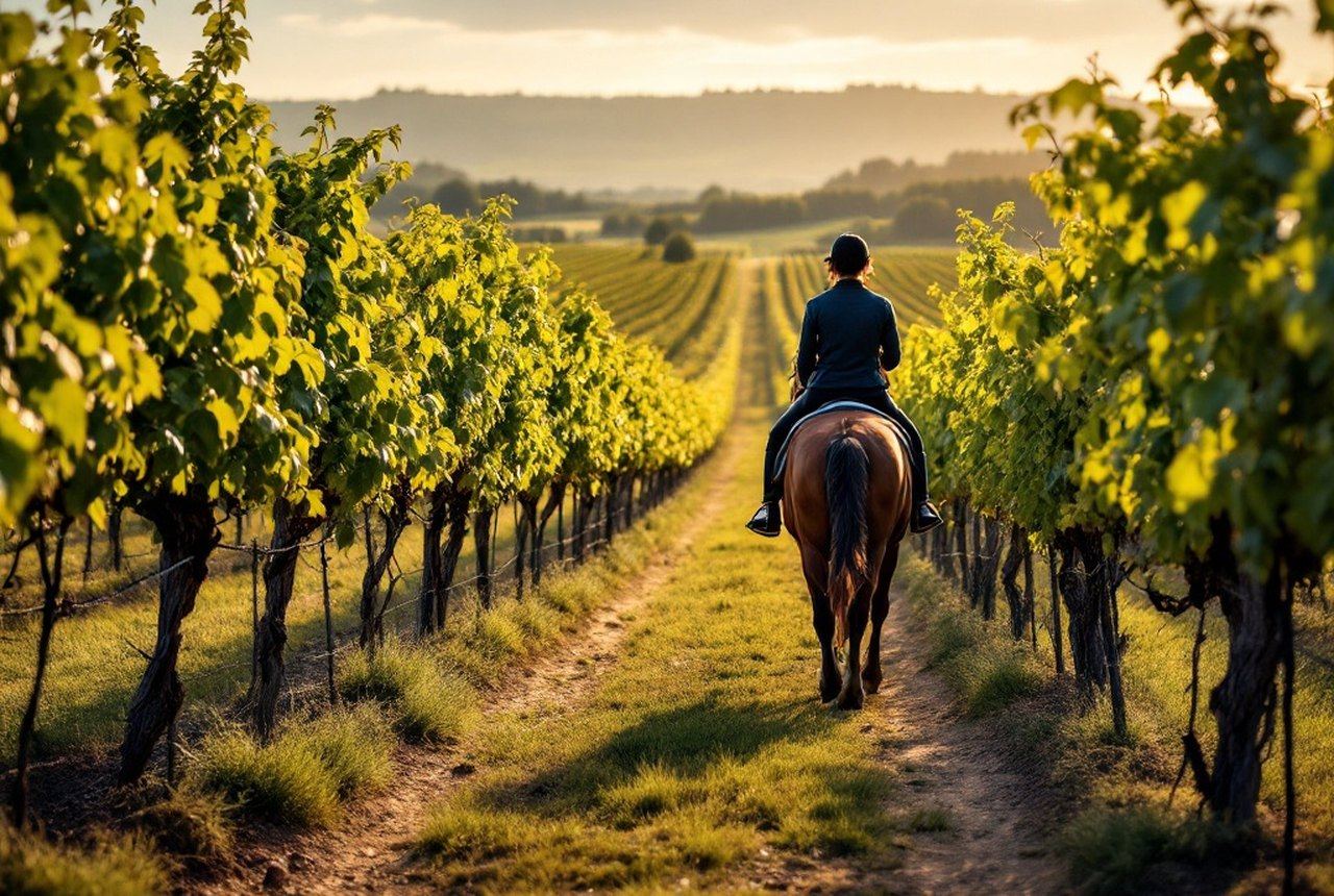 Vineyard path with rider and horse, late afternoon light