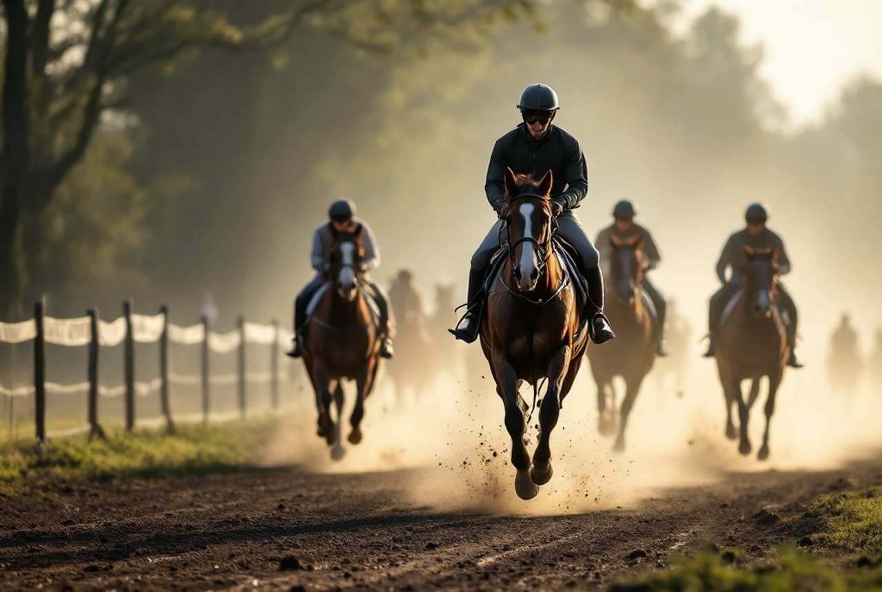 Early-morning gallop on a racing yard