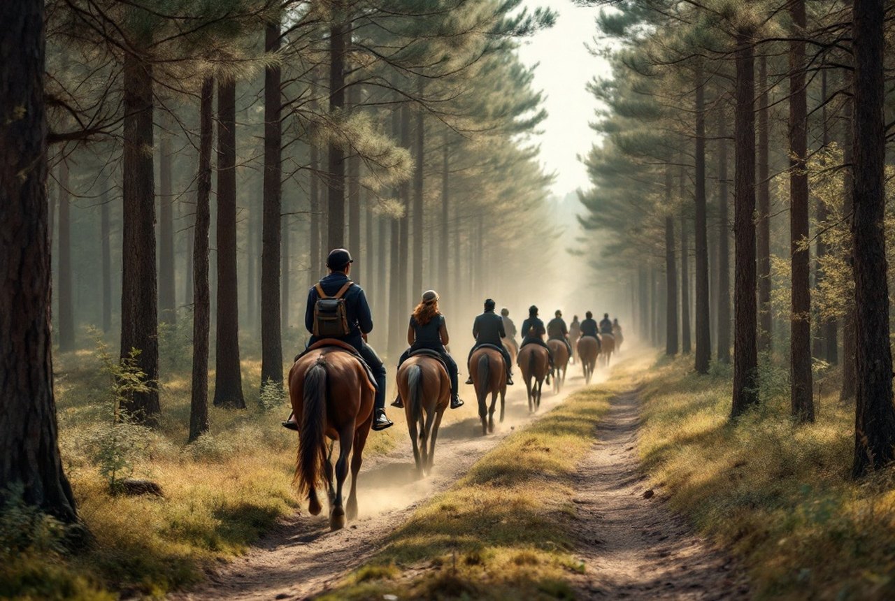 Wide trail ride through Landes pine forest, riders in single file