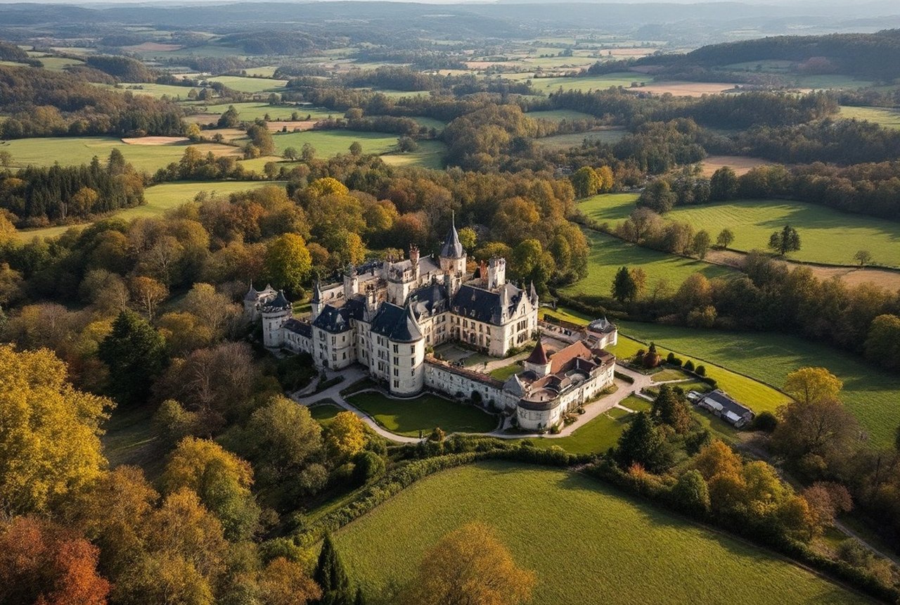 Aerial or wide landscape shot of Dordogne valley with château, optionally with riders in middle ground