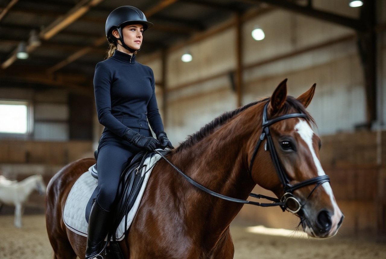 Rider in correct beginner kit (helmet, jodhpurs, heeled boots) mounting a calm school horse in an indoor arena
