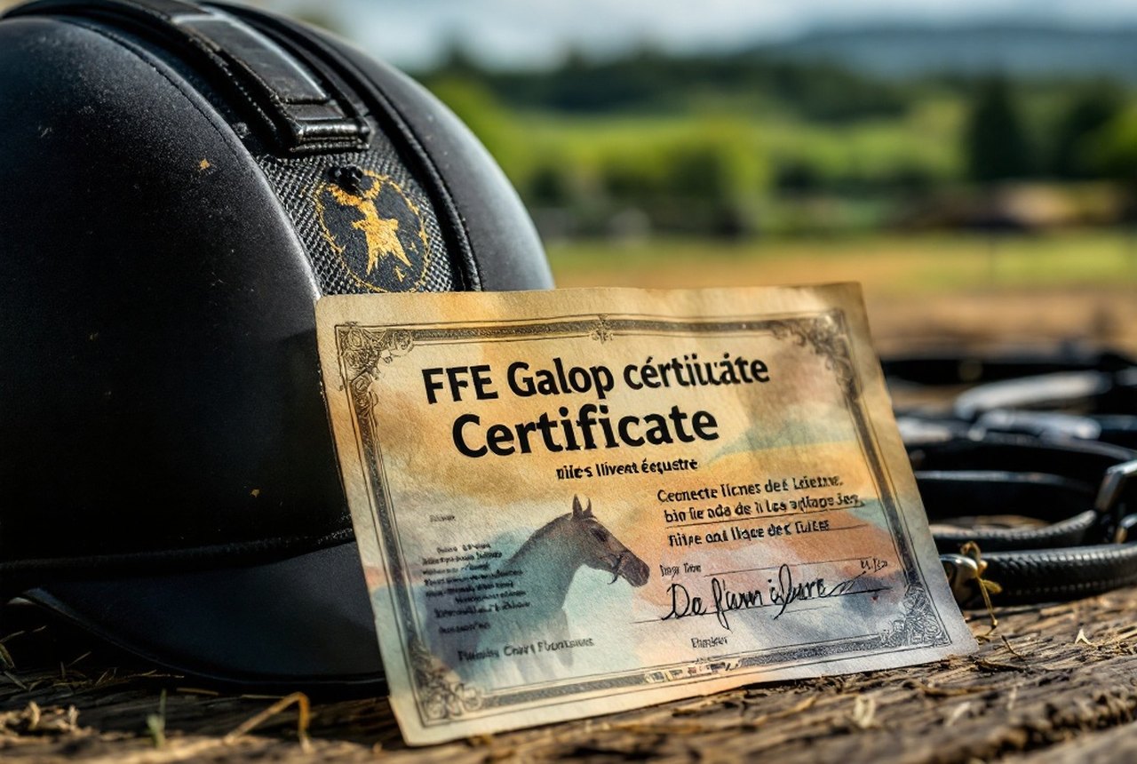 Close-up of an FFE Galop certificate or rider's livret équestre alongside a helmet