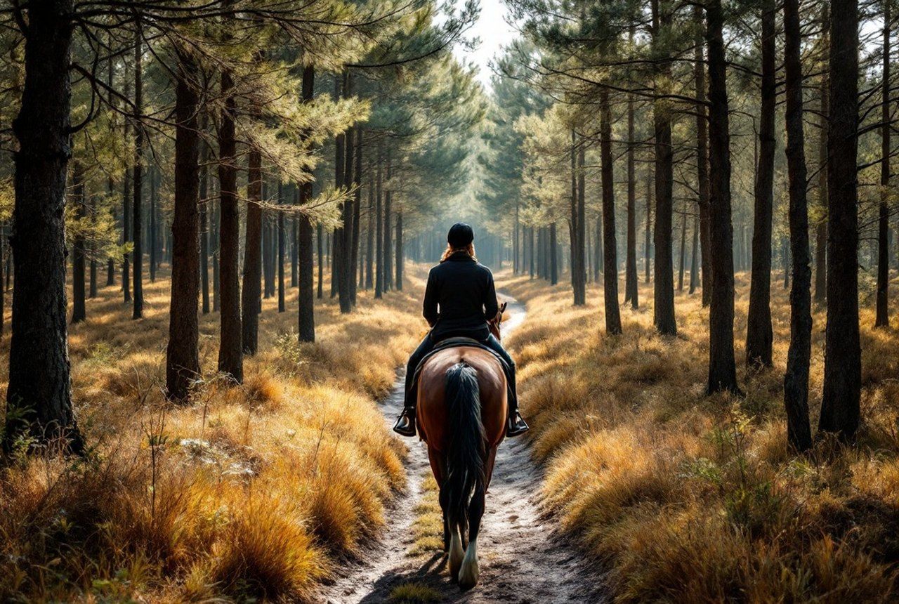 A rider on horseback along a pine forest track in the French countryside