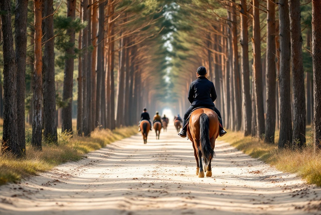 Sandy firebreak track through tall maritime pines in the Landes de Gascogne