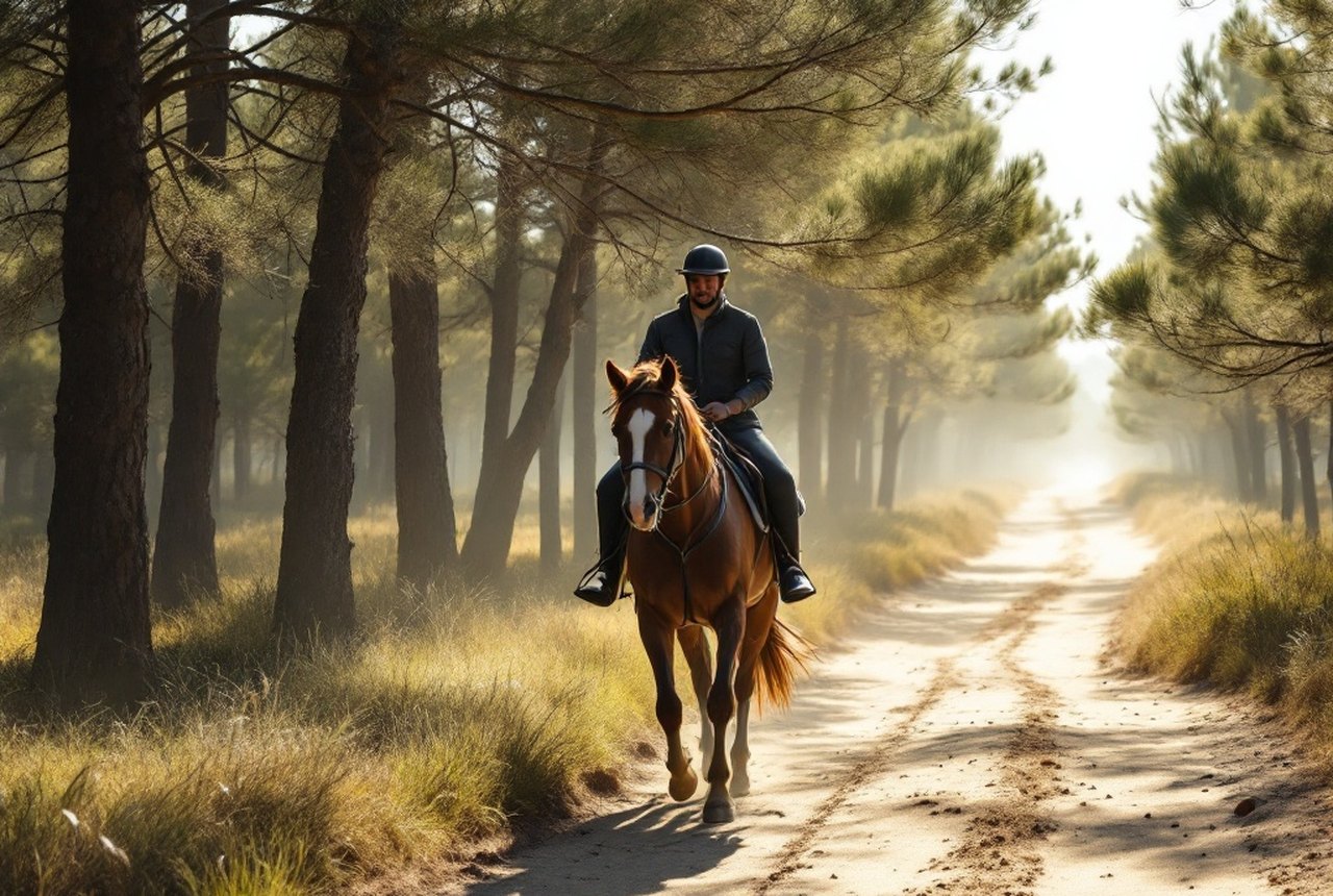 Rider on horseback among maritime pines, dappled light, horse at walk on sandy track
