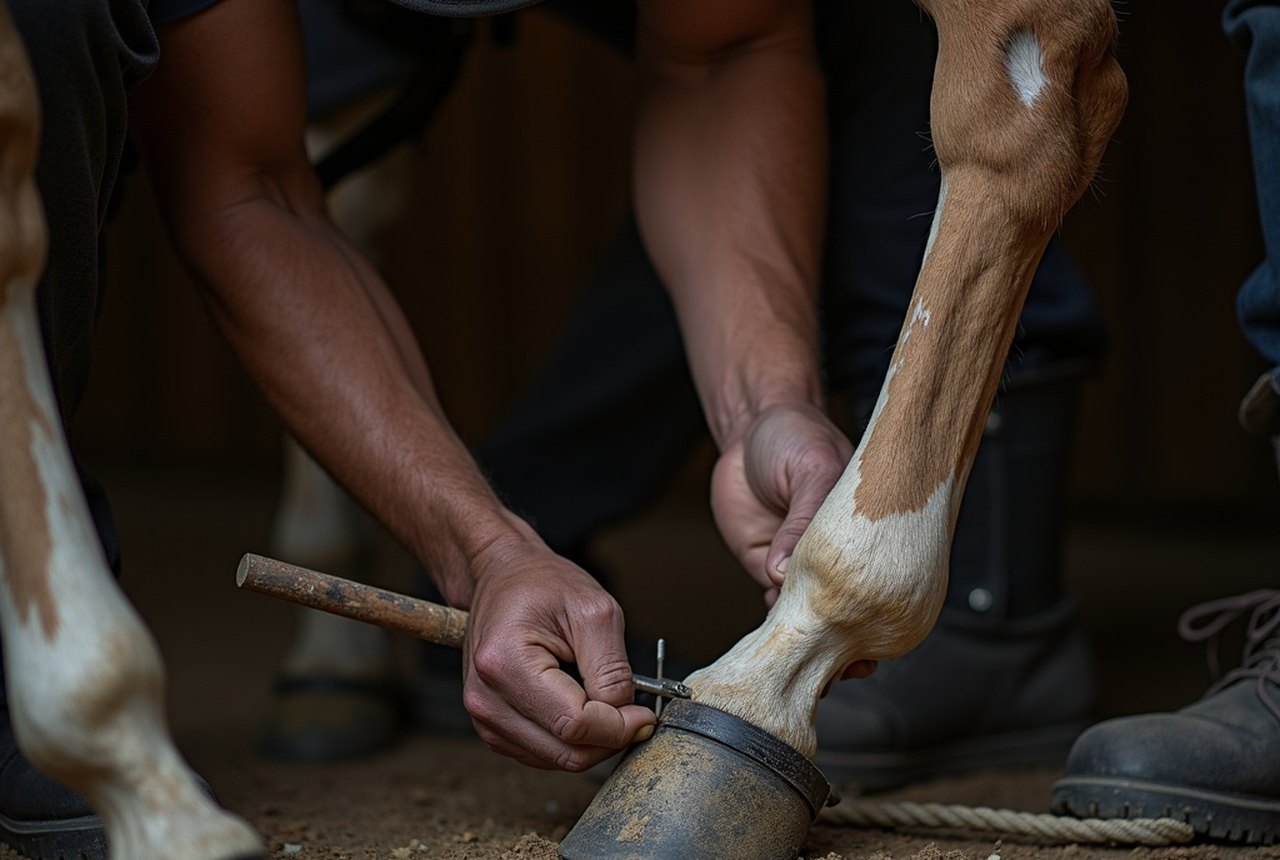 Close-up of a farrier nailing a shoe to a hoof