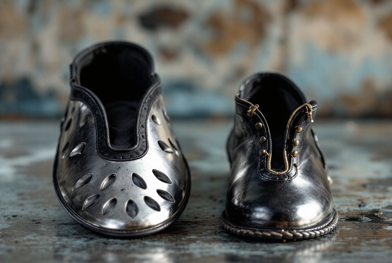 Aluminium racing plate beside a traditional steel shoe for size/weight comparison