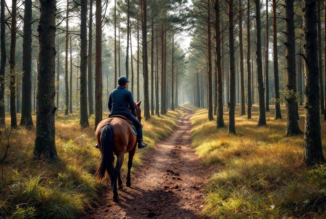 Wide shot of Landes pine forest trail with rider