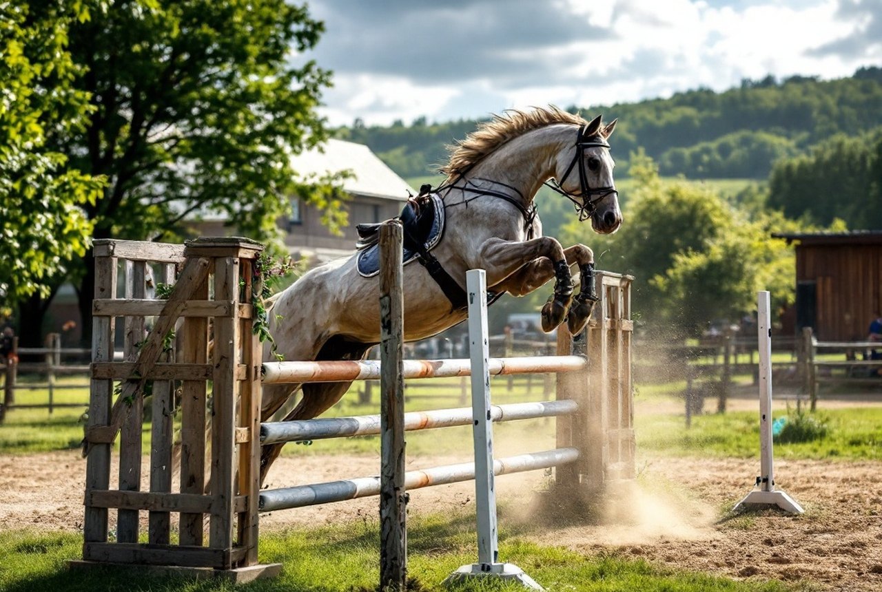 Horse landing over a CSO fence showing limb extension
