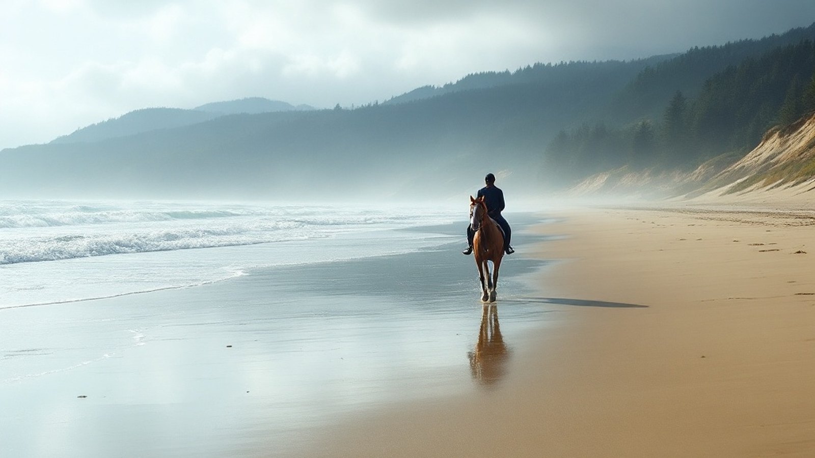 A lone rider cantering along a wide, empty Atlantic beach at low tide on the Côte d'Argent, surf breaking to one side and pine-backed dunes behind