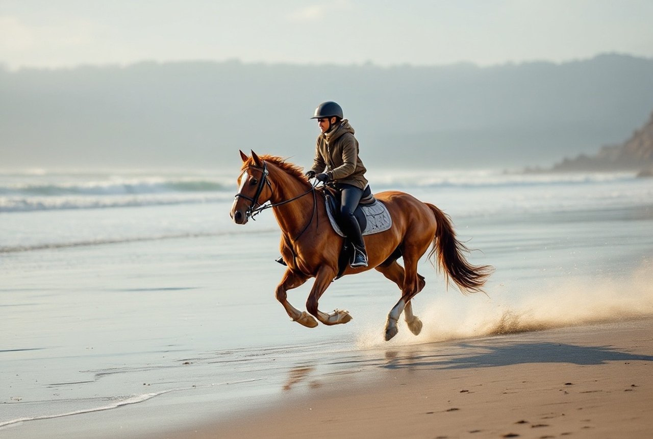 Rider cantering along firm Atlantic sand at low tide, ocean light
