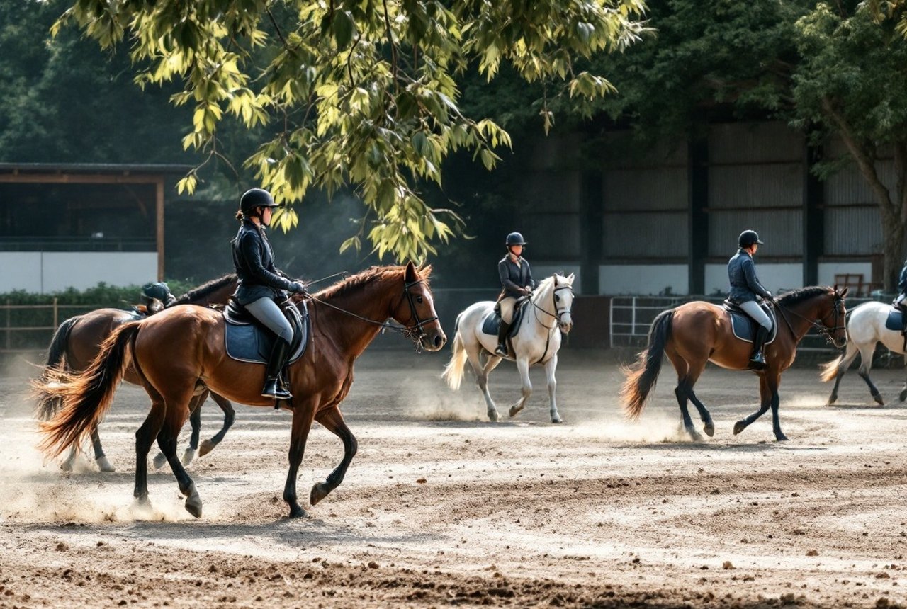Wide shot of a regional CSO arena, horses warming up in collecting ring