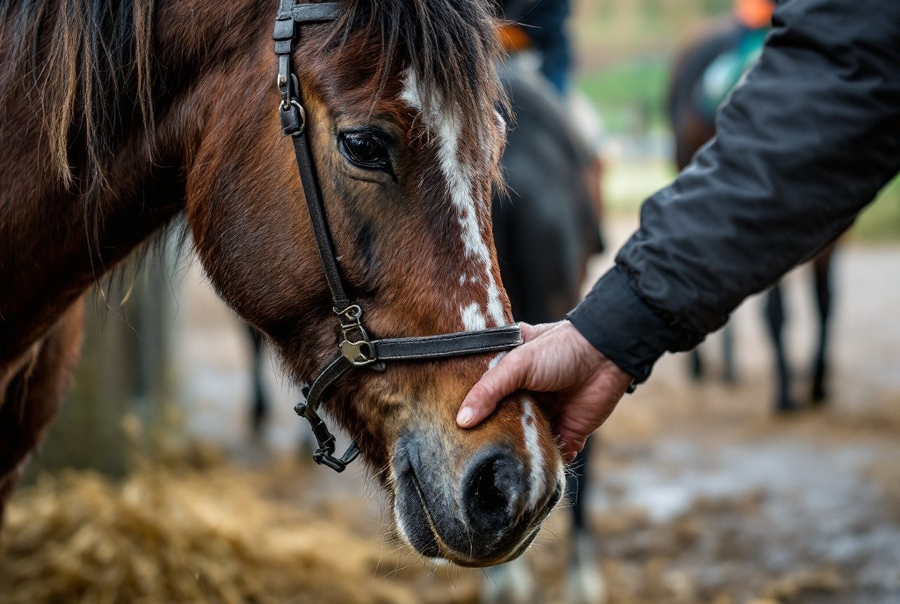 Close-up of stable grooming or hoof care in a yard setting