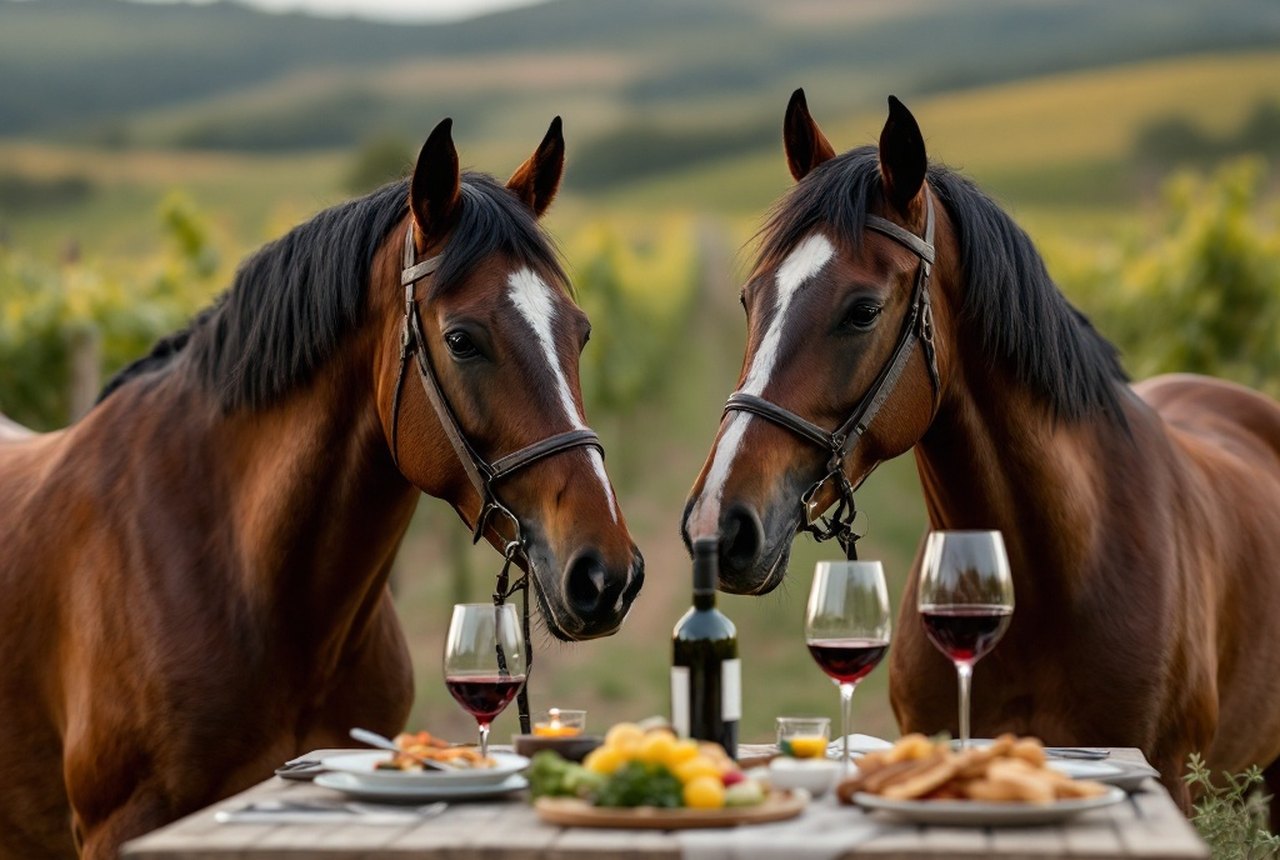 Evening table scene: wine, food, vineyard backdrop