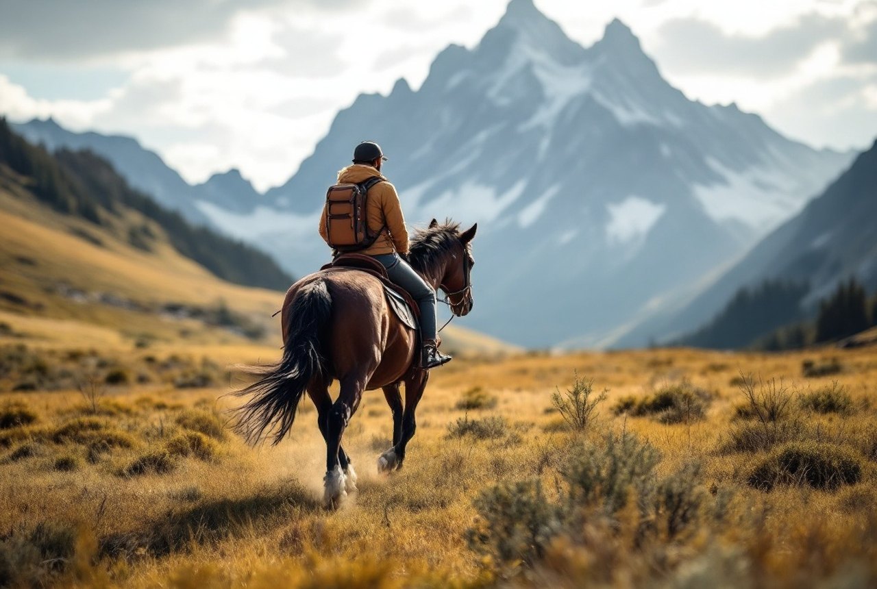 Horses on a high pastoral trail with the Pyrénées rising behind