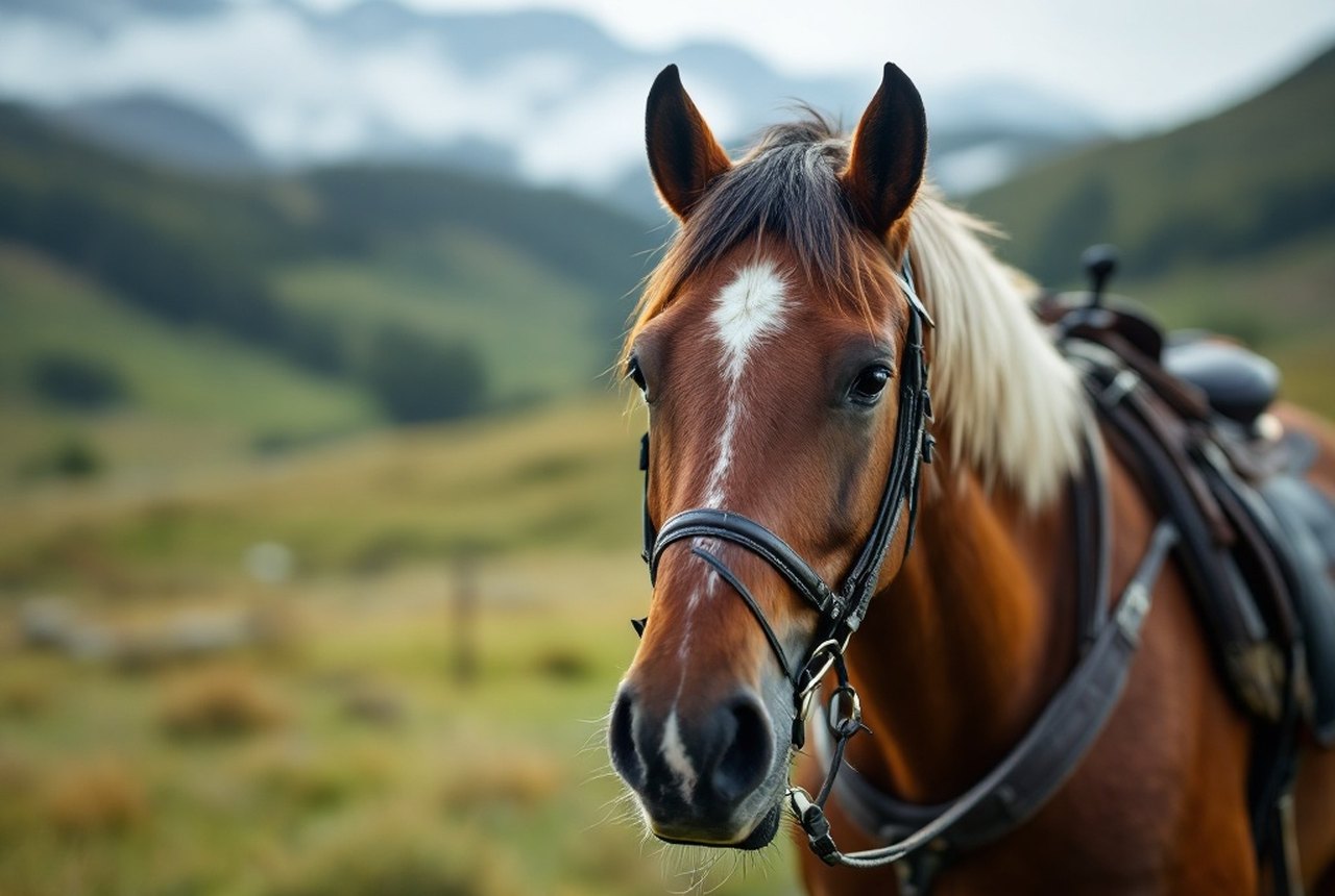 Close portrait of a Pottok in summer mountain pasture