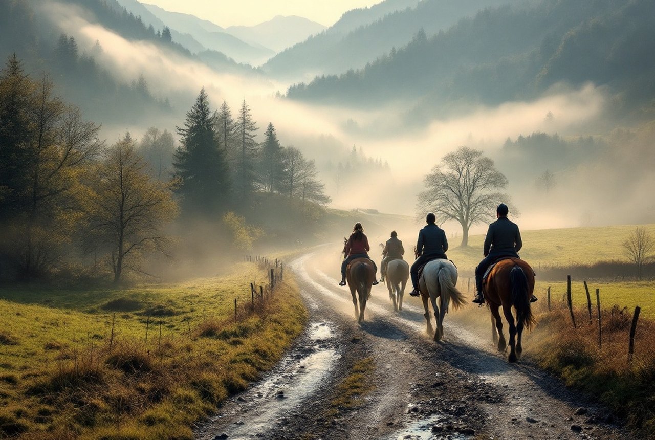 Early-morning mist in the Vallée d'Ossau with riders departing a valley-floor village