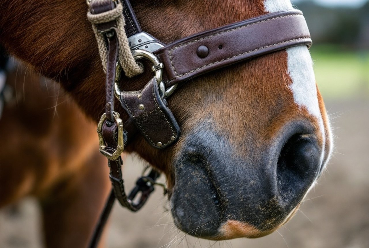 Detail of a breast collar and mountain-grip shoeing on a working trail horse