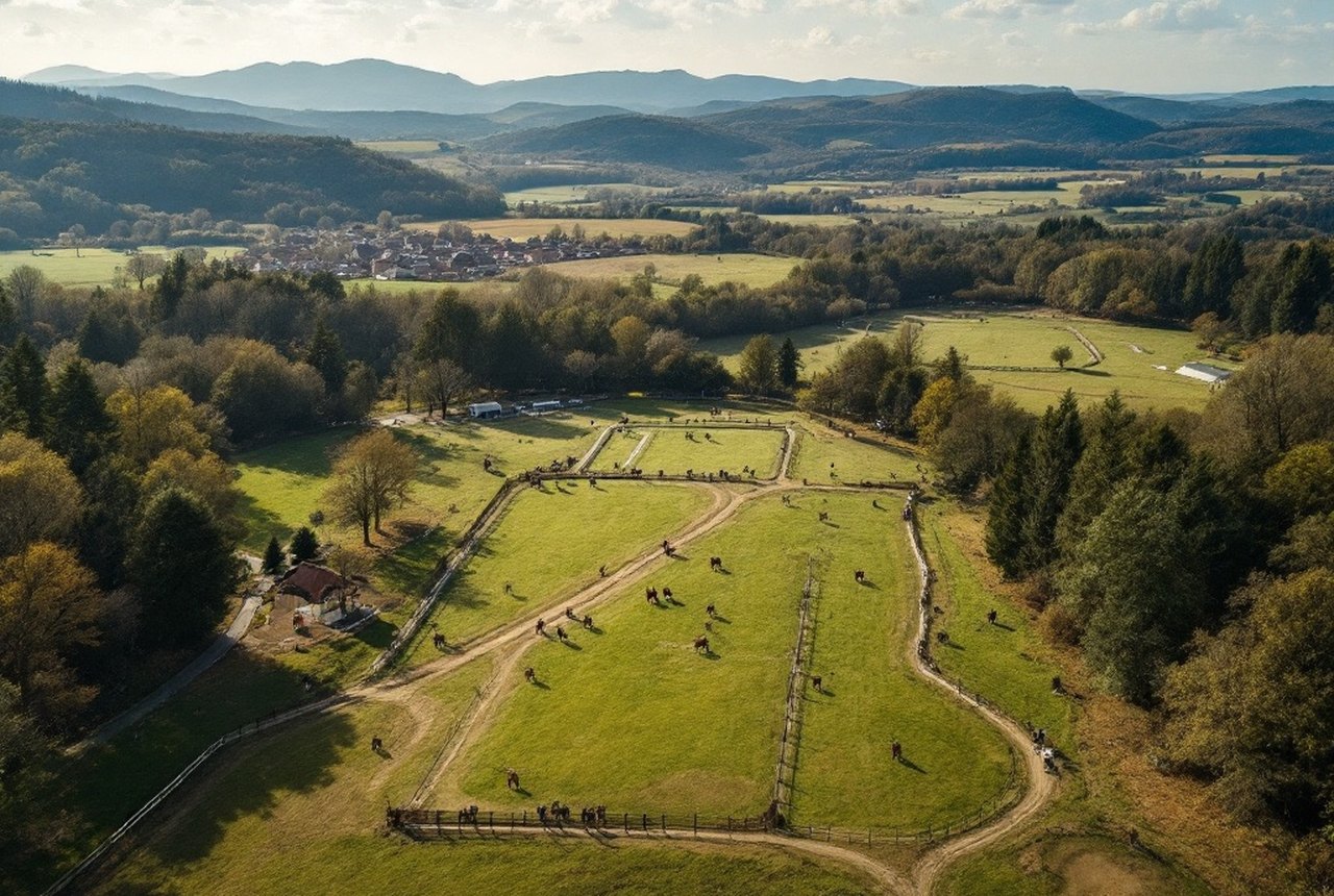 Aerial or wide shot of the Parc Beaumont cross-country course in Pau with Pyrénées backdrop