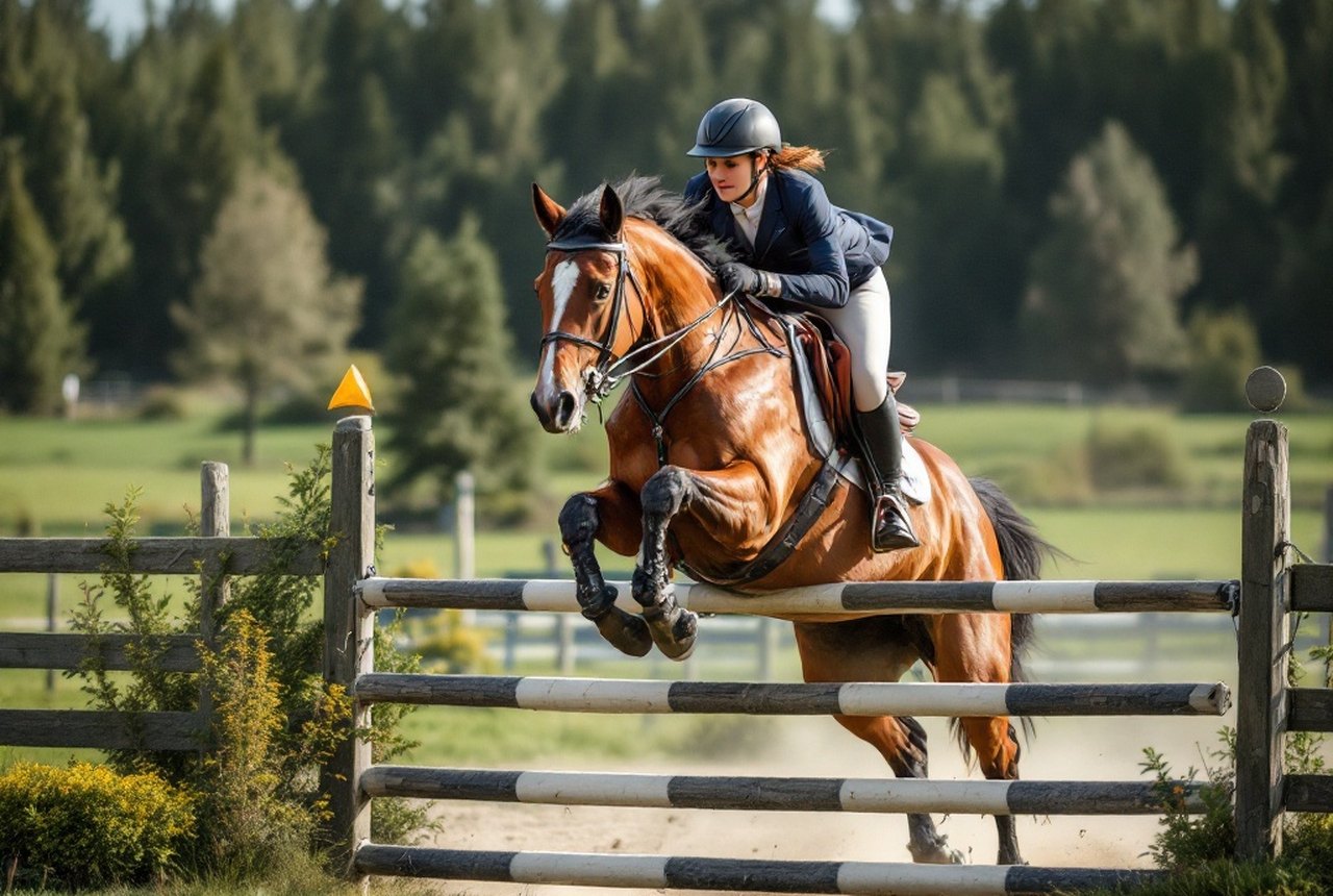 Rider and horse mid-flight over a cross-country fence
