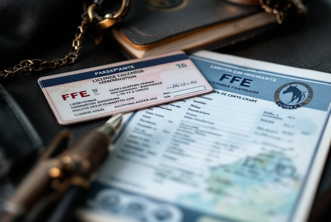 Close-up of an FFE licence card and a horse's vaccination/passport document