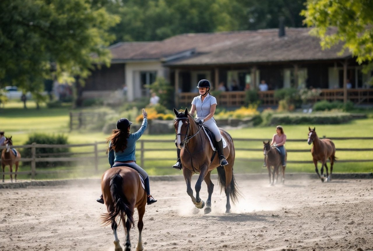 Rider in correct position during a coached group lesson in an outdoor arena