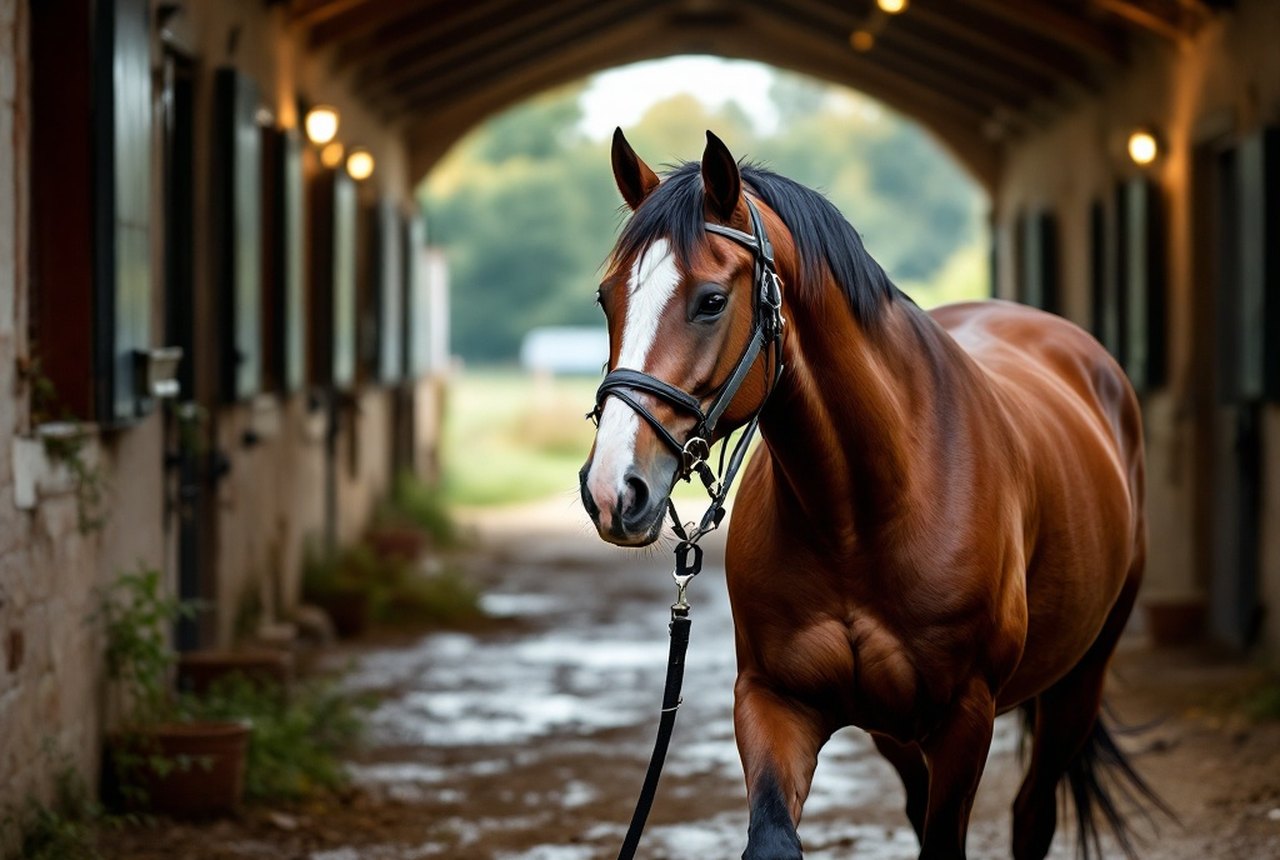 Well-groomed horse being led across a tidy stable yard