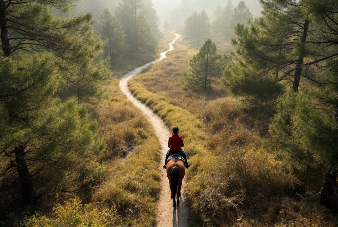 Aerial or wide landscape shot of pine-forest or Atlantic dune trail with rider