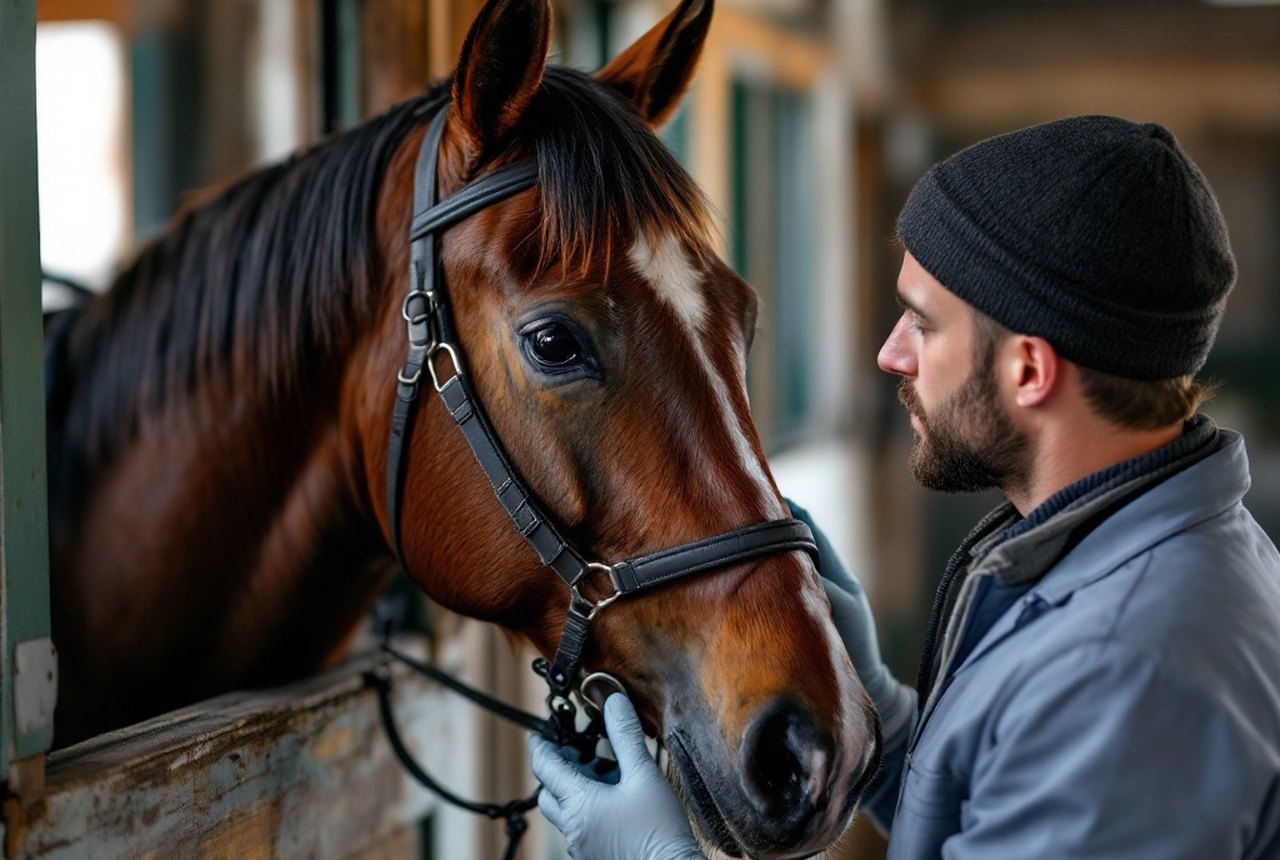 Close-up of a veterinarian checking a horse's temperature in a stable