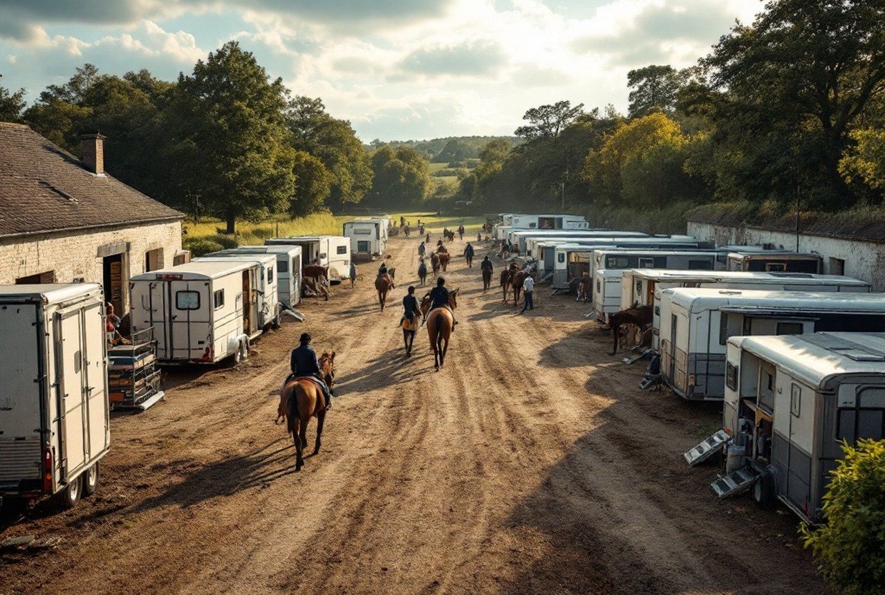 Wide shot of a busy competition yard with multiple trailers and horses being prepared