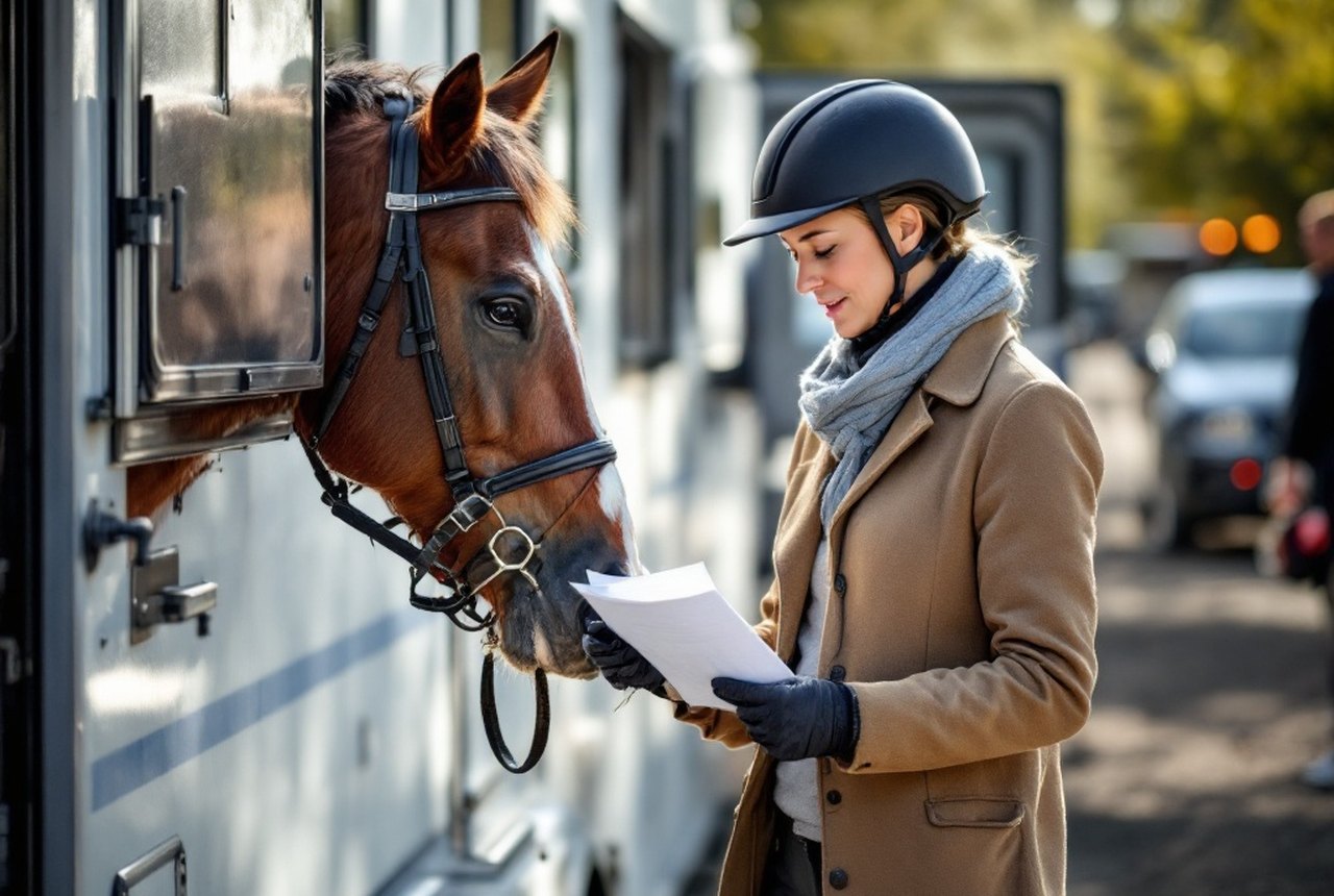 Rider checking vaccination paperwork beside a trailer at a showground